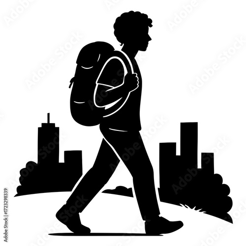 Silhouette man walking with backpack in city urban travel concept