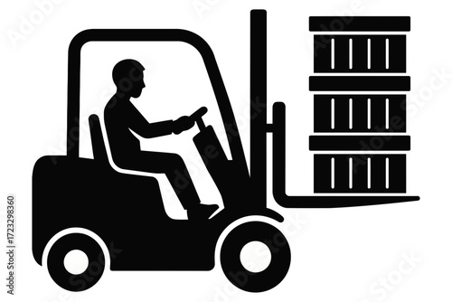 Silhouette forklift with driver lifting cargo boxes warehouse logistics