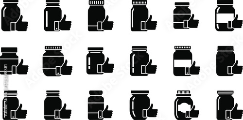 A collection of black silhouette icons depicting various jars and bottles alongside a thumbs-up gesture, symbolizing approval or quality.