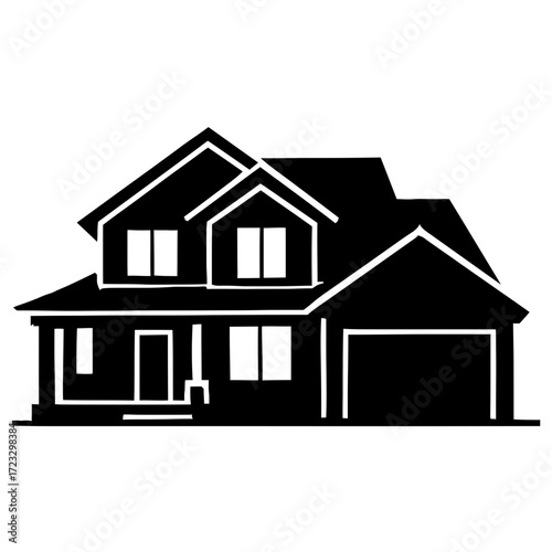 Silhouette suburban family house with garage and front porch