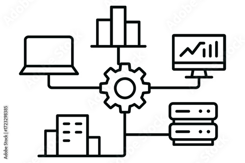 Outline illustration of data network system with servers laptop and analytics