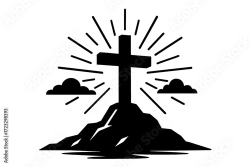 Silhouette cross on hill with sun rays and clouds religious faith symbol