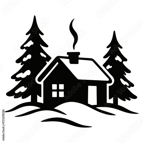 Silhouette winter cabin with chimney smoke among pine trees in snow