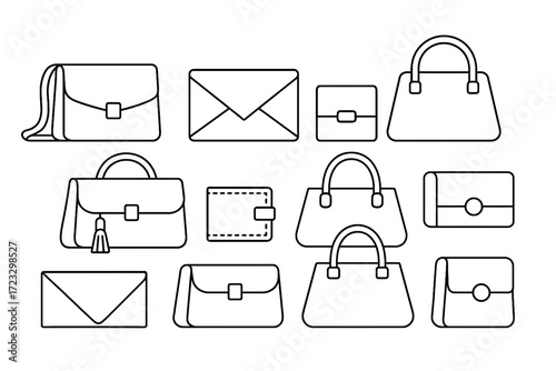 Outline illustration set of handbags purses wallets and clutches fashion accessories
