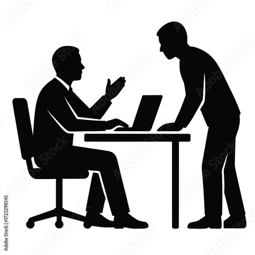 Silhouette two men having business discussion at desk with laptop