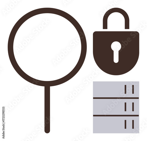 Magnifying glass examining network server beside a padlock symbolizing privacy, protection, and secure access. Ideal for cybersecurity, IT security, data privacy, network safety, online protection