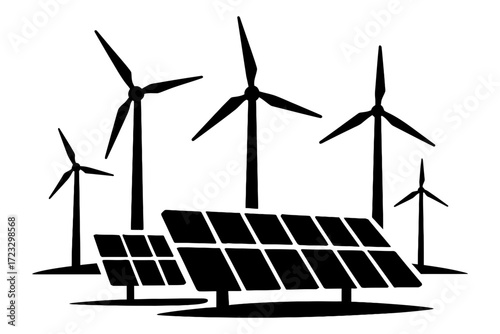 Silhouette solar panels and wind turbines generating renewable clean energy