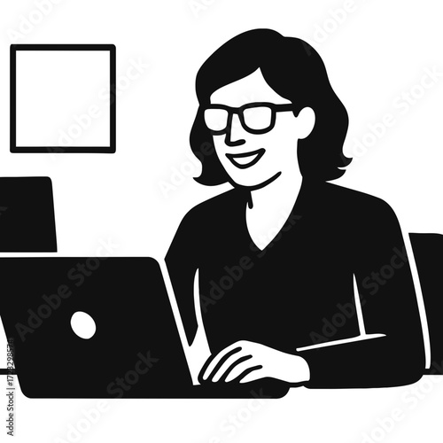 Silhouette woman with glasses working on laptop computer in office