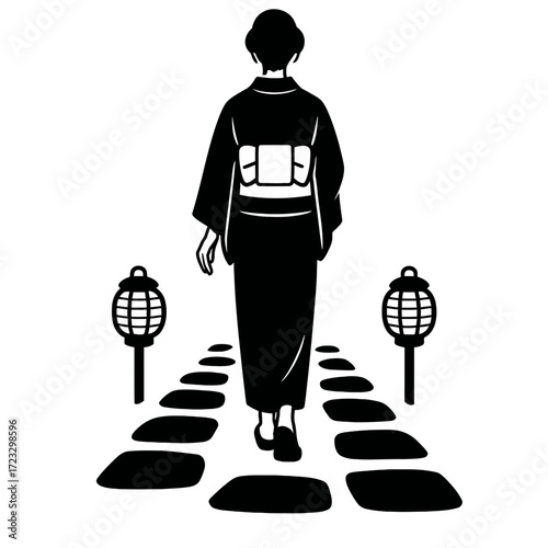 Silhouette woman in traditional kimono walking stone path with lanterns Japan
