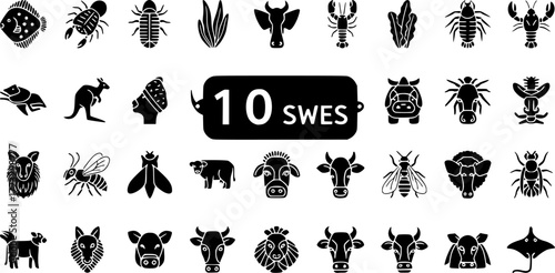 set of 100 glyph animals web icons. filled icons such as flounder,silverfish,lobster,kangaroo,seaweed,wasp,cow,manta ray. vector illustration