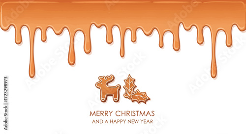Sweet holiday greetings with dripping caramel border and festive gingerbread reindeer and holly