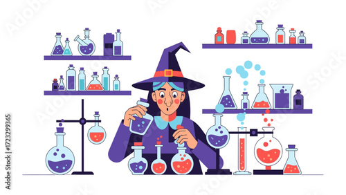 Magic Potion: Illustration of a whimsical alchemist diligently experimenting with colorful potions, surrounded by a fantastical laboratory environment.