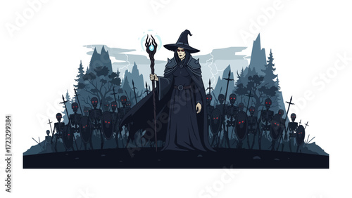 Shadow Wizard's Command: A formidable shadow wizard, clad in dark attire, stands at the forefront, commanding a horde of skeletal warriors, silhouetted against a desolate, atmospheric backdrop. 