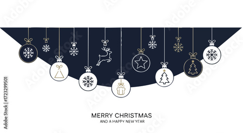 Elegant Christmas ornaments and snowflakes hanging on navy backdrop for festive holiday designs and modern winter promotions plus New Year wishes