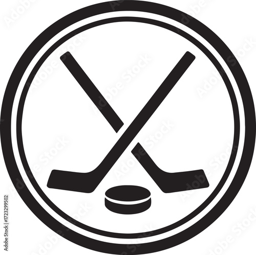 Simple Hockey Still Life Two Sticks Crossed Above Puck Depicted with Bold Black and White Graphics for Sport Themes