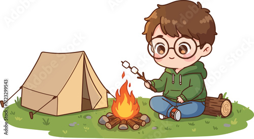Child roasting marshmallows camping adventure vector