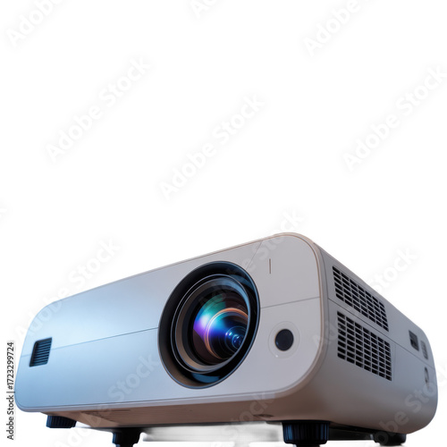 Modern white digital projector with a large lens showcasing colorful reflections isolated on transparent background