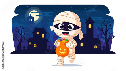Mummy Trick or Treating: A smiling mummy character dressed in bandages with Halloween themed setting, holding a trick or treat bag with candy and a friendly Halloween night.