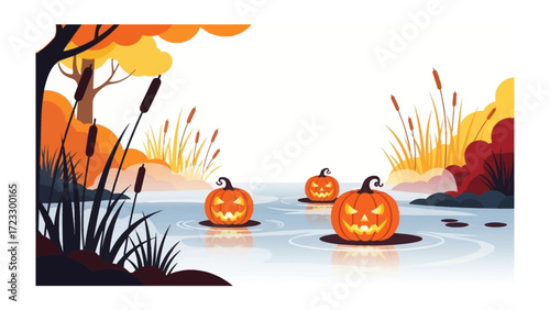 Spooky Pumpkins on Water:  Three carved pumpkins with sinister faces float on serene water, surrounded by autumn foliage and a touch of mystique.