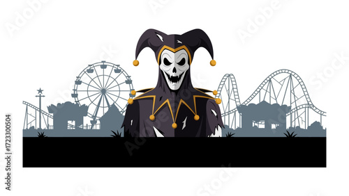 Sinister Carnival Skyline: A malevolent jester looms over a carnival skyline, evoking a sense of eerie unease with its menacing silhouette. A haunting blend of amusement and dread.