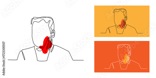 Continuous line drawing of a man with toothache, holding his cheek in pain. Minimalist one line art illustration for dental health, dentistry problems, and oral care concepts.