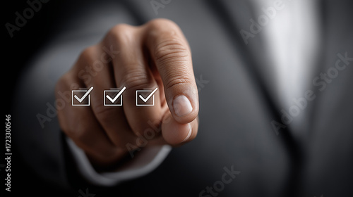 Decision-Making Icon: A close-up shot highlights a human finger pointing towards a digital checklist, symbolizing decisions and choices. The setting suggests professionalism and control.
