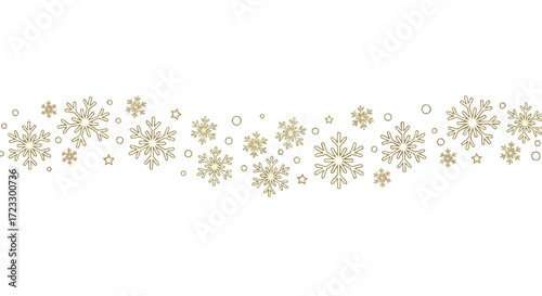 Elegant golden snowflake border on a white background, featuring various sizes and intricate designs for a festive winter decoration.