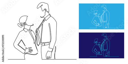 Continuous one line drawing of man and woman interaction. Female pulling man’s tie playfully. Minimalist outline vector, couple relationship, romance, love, flirting, modern line art illustration.