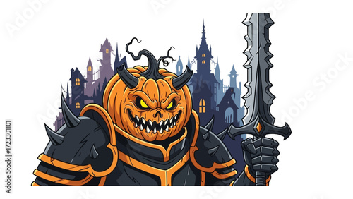 Halloween Pumpkin Warrior: A menacing pumpkin-headed warrior stands ready, brandishing a sword against a spooky castle backdrop, embodying the spirit of Halloween in a photorealistic illustration.