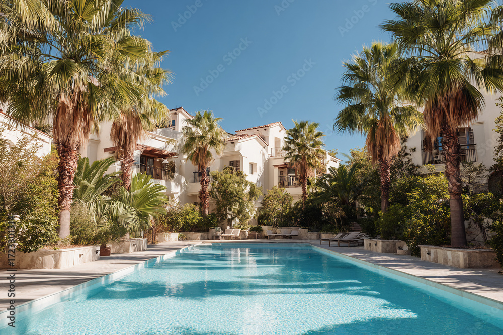 Fototapeta premium Mediterranean villa with palm trees, swimming pool in front, bright sunny day