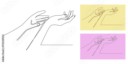 Continuous one line drawing of elegant woman’s hands. Minimalist outline vector for beauty advertising, skincare, nail care, cosmetic product promotion, feminine and graceful style illustration.