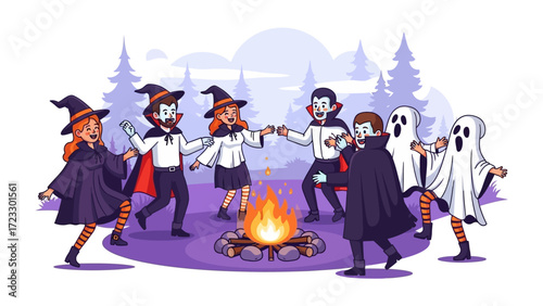 Halloween Gathering Around Fire: A spooky Halloween gathering around the bonfire under the moonlit sky, featuring witch and vampire characters dancing happily around a glowing bonfire.