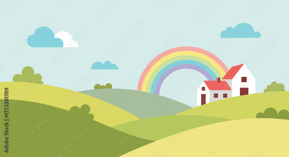 Naklejka premium Cartoon Landscape with Rainbow and House.