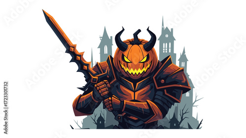 The Pumpkin Knight: An illustration depicts a formidable pumpkin-headed warrior wielding a sword, standing before a spooky mansion, embodying Halloween's spirit.
