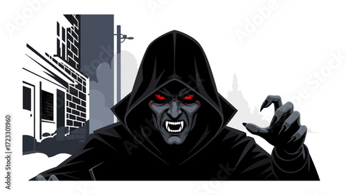 Shadowy Horror: A menacing hooded figure with piercing red eyes and sharp fangs, emanating an aura of dread and darkness. This image conveys a powerful sense of horror and suspense. 