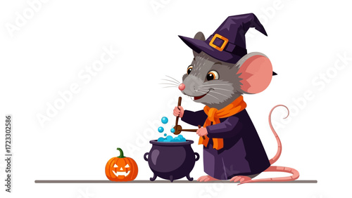 Mystical Mouse at Halloween: A charming mouse dons a witch's hat and robe, stirring a bubbling potion in a cauldron, beside a carved pumpkin in a whimsical Halloween scene.