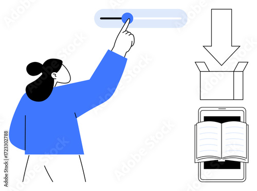 Woman interacting with a slider. Accompanying icons include a downward arrow, open package, and digital book. Ideal for e-commerce, learning, technology, customization, delivery interface