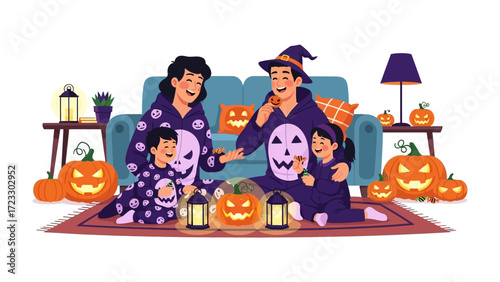 Halloween Family Celebration: A joyful family dressed in Halloween pajamas and gathered around a table adorned with pumpkin lanterns, pumpkins and decorative elements.