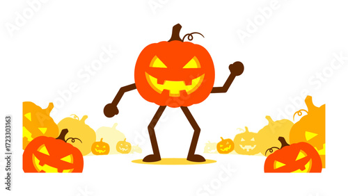 Dancing Pumpkin Celebration: A spirited, animated jack-o'-lantern radiates festive energy and fun amid a backdrop of smiling pumpkin companions, embodying the vibrant spirit of the season.
