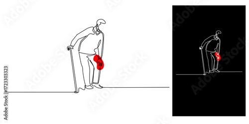 Continuous line drawing of elderly man with cane suffering from knee pain. Minimalist vector illustration showing health problem, joint pain, and aging issues in simple outline style.