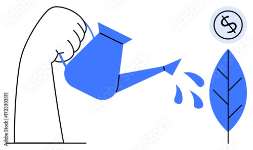 Hand holding watering can, nurturing a plant with a coin to represent financial growth. Ideal for investing, wealth building, sustainability, business growth, nurturing ideas, success, simple flat