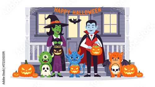 Enchanted Halloween Gathering: A charming illustration depicts costumed figures, embracing the spirit of Halloween with playful decorations, perfect for seasonal greetings and festive themes.