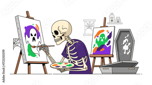 Spooky Artist's Creation: A skeleton artistically paints a spooky scene, using vivid colors on canvas. Capturing the spirit of Halloween, he is in a creative art studio.