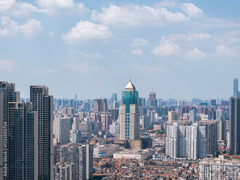 Fototapeta premium China, Hubei, Wuhan, summer, city, urban, scenery, sky, cloud, cumulus, sea of clouds, skyline, landmark, architecture, outdoor, aerial photography, high-rise building, skyscraper, technology, modern,