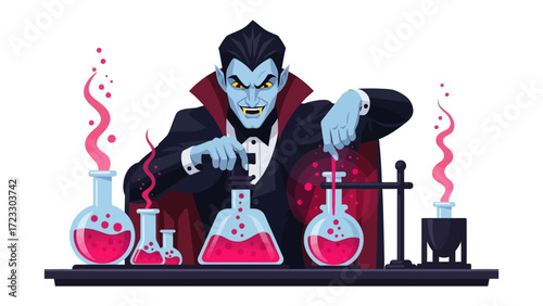 Sinister Scientist's Potion: A stylized illustration of a dark vampire, intensely focused as he concocts a mysterious potion in a laboratory setting. Surrounded by beakers and swirling vapors.