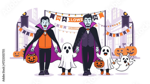 Halloween Family: A joyful halloween scene featuring a family dressed in halloween costumes with pumpkins and flags, celebrating Halloween.