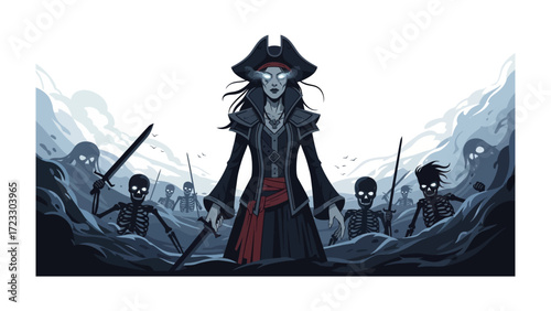Midnight Marauder: A striking digital artwork captures a fearless pirate commanding a spectral crew, their eyes glowing with an otherworldly luminescence.