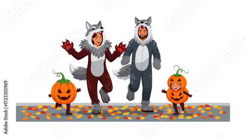 Halloween Costume Party: A family joyfully prances along the sidewalk, adorning charming wolf costumes and joyful pumpkins that add warmth and charm to the Halloween season.