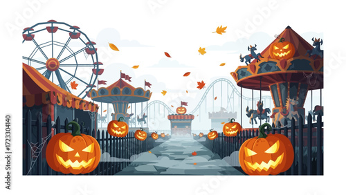 Spooky Carnival: A hauntingly beautiful illustration showcases a whimsical carnival setting, complete with glowing jack-o'-lanterns, festive decor, and a touch of eerie atmosphere.