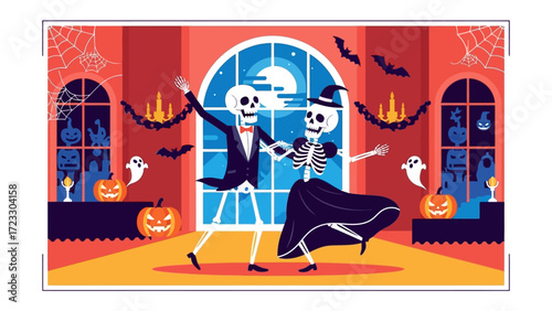 Spooky Dance: Two skeleton figures waltz gracefully in a gothic-style room adorned with Halloween decorations, a playful image for the spooky season.